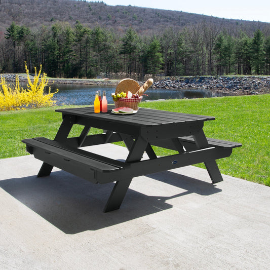 Ember & Oasis presents the Homestead 6' Picnic Table in a beautiful outdoor setting next to a pond with trees and a mountain background. This is manufactured 100% in the USA from high-quality poly lumber and comes with a limited 15 year residential and 7 year commercial warranty! 