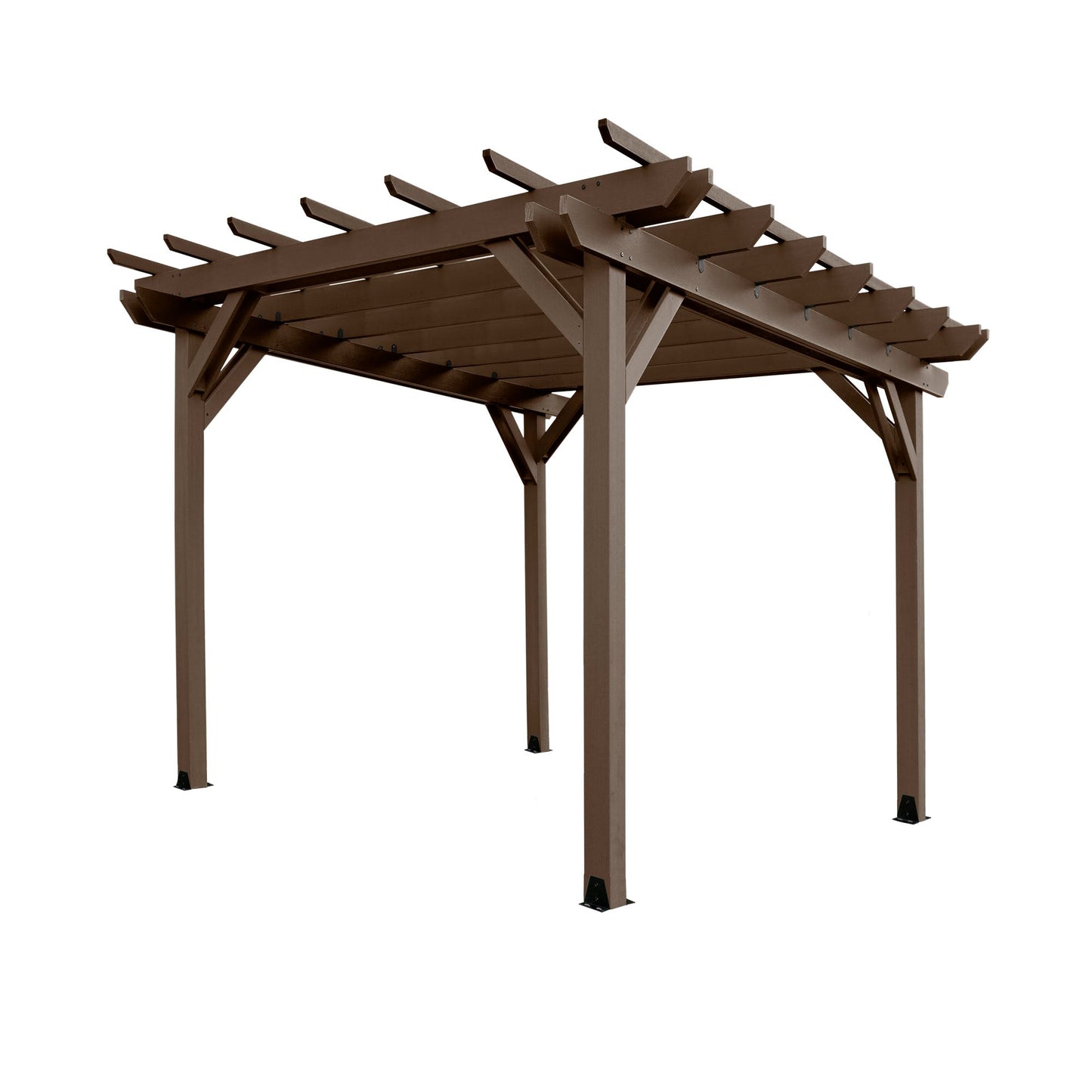 Quality built, 100% USA made pergola sitting on patio with outdoor landscaping. Sequoia Professional outdoor furniture proudly sold by Ember & Oasis! Featuring a 12-year residential limited warranty.